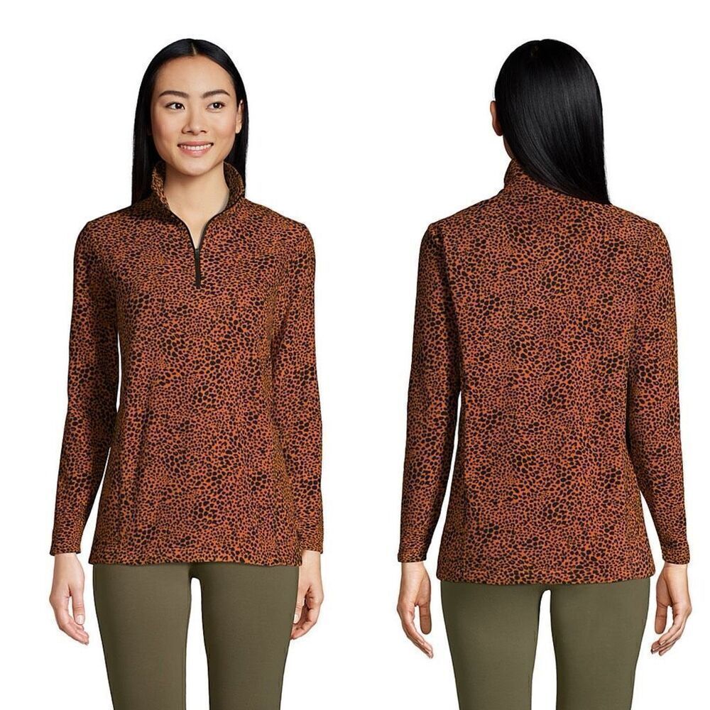 Lands End Leopard Print Fleece Quarter Zip Pullover Medium